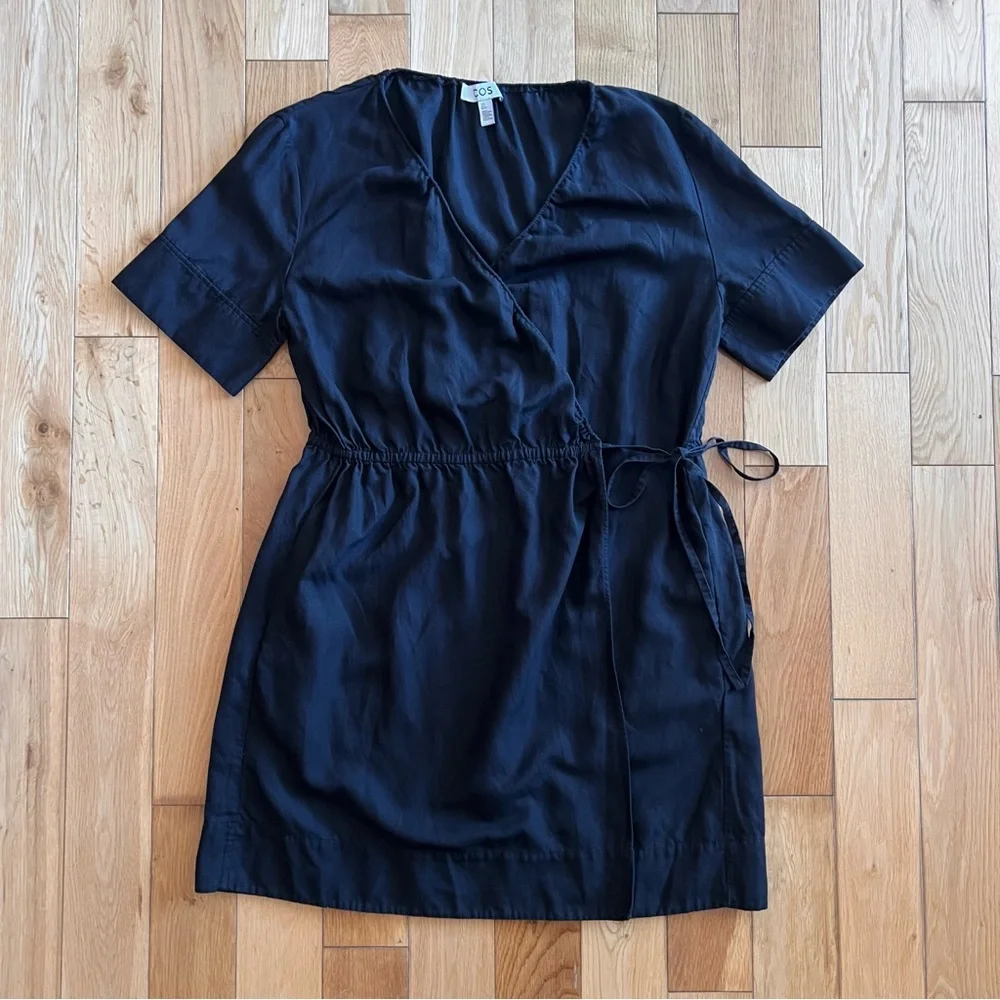 COS Womens Short Sleeve V Neck Wrap Dress Lyocell Linen Blend Size Small - Picture 2 of 10
